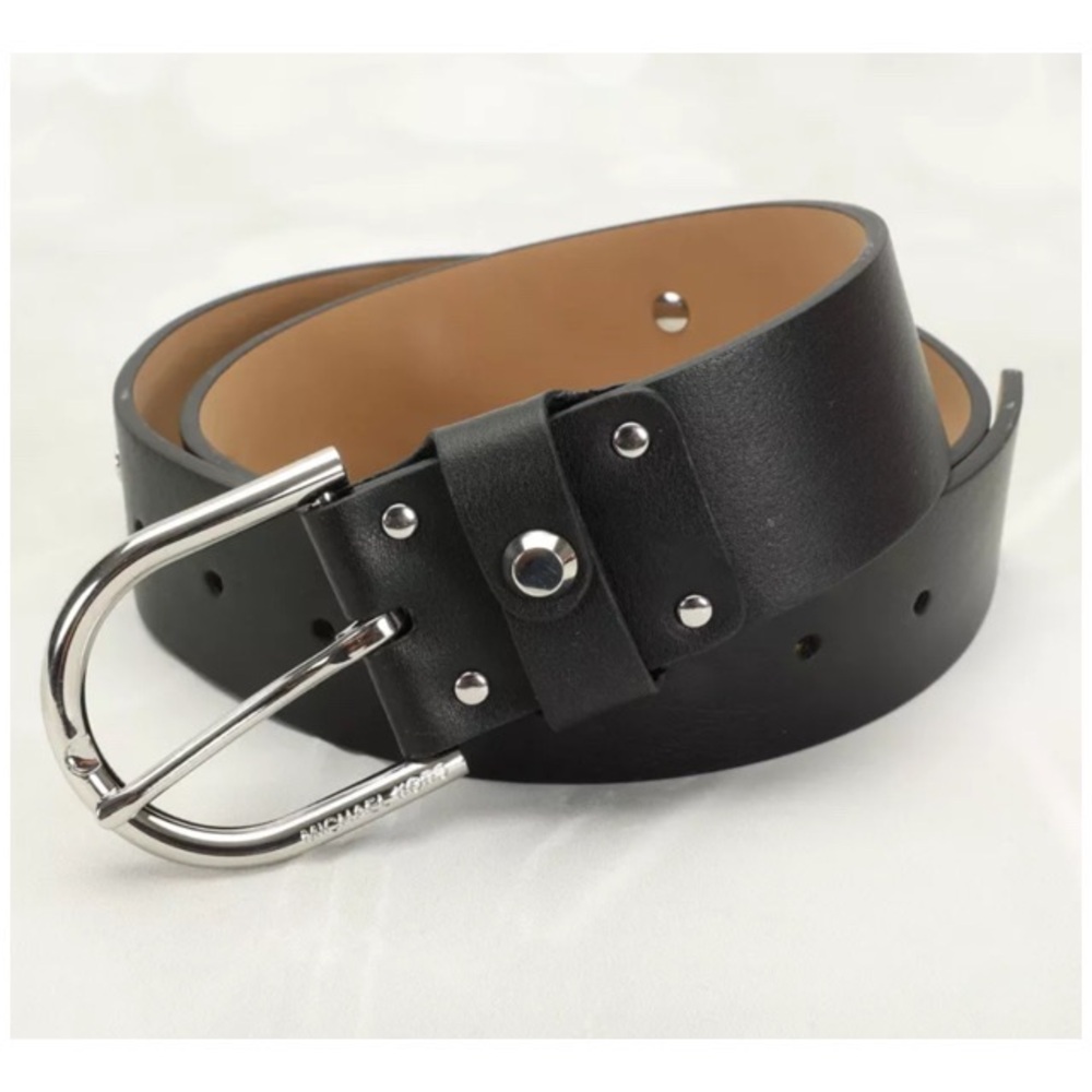 MICHAEL KORS STUDDED GENUINE LEATHER BELT WITH SILVER BUCKLE & LOGO ACCENT